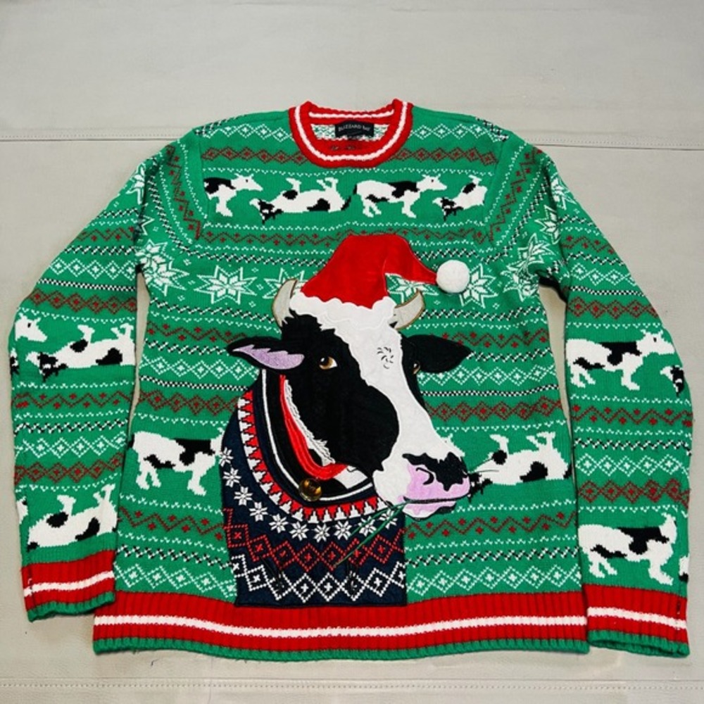 Blizzard Bay Men Ugly Xmas Office Knit Sweater Cow Santa Green M Bell Winter3823